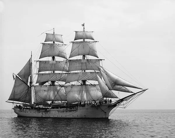 Historic black-and-white photograph of the barque Helvetia under full sail