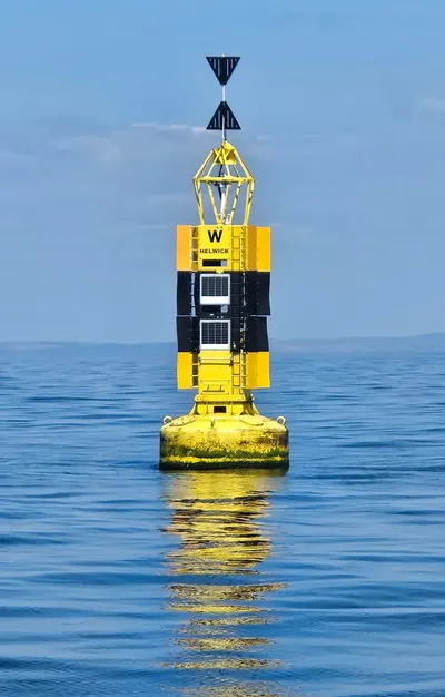 The West Helwick west cardinal buoy, yellow and black with two black cones pointing towards each other on top, on a calm sea