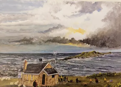 Postcard: painting of the lookout station with the Worm behind