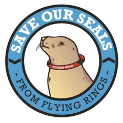 Save Our Seals from Flying Rings badge: a cartoon seal with a red flying ring stuck around its neck