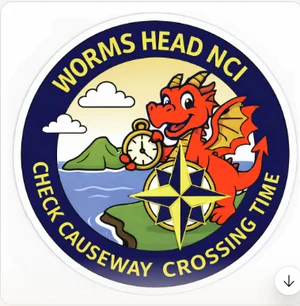 Cartoon dragon holding a stopwatch: Check Causeway Crossing Time