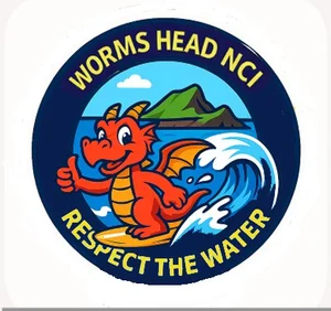 Cartoon dragon surfing a wave with a thumbs up: Respect the water