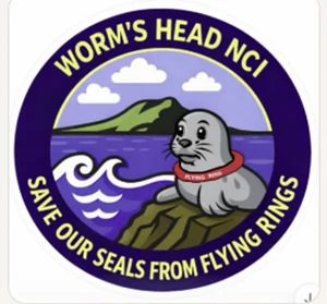 Cartoon seal wearing a flying ring like a collar: Save our seals from flying rings