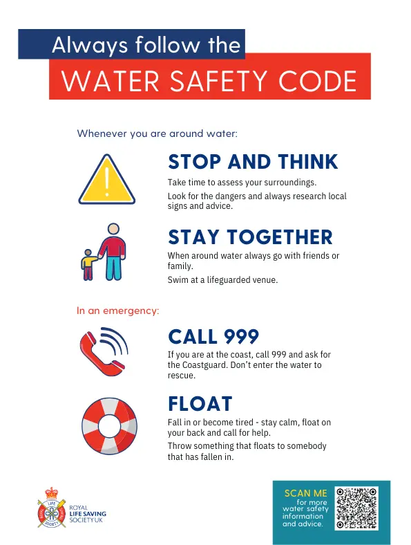 RLSS Water Safety Code: Stop and Think, Stay Together, Call 999, Float