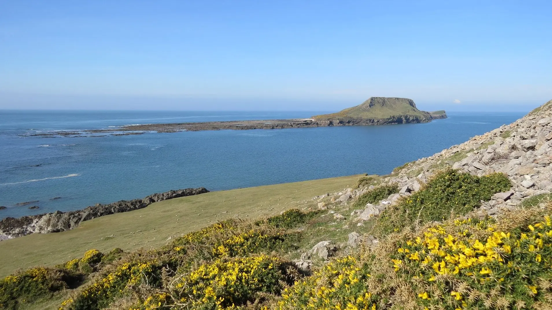 Worms Head promontory seen from Rhosili Downs, showing its full serpent-like length